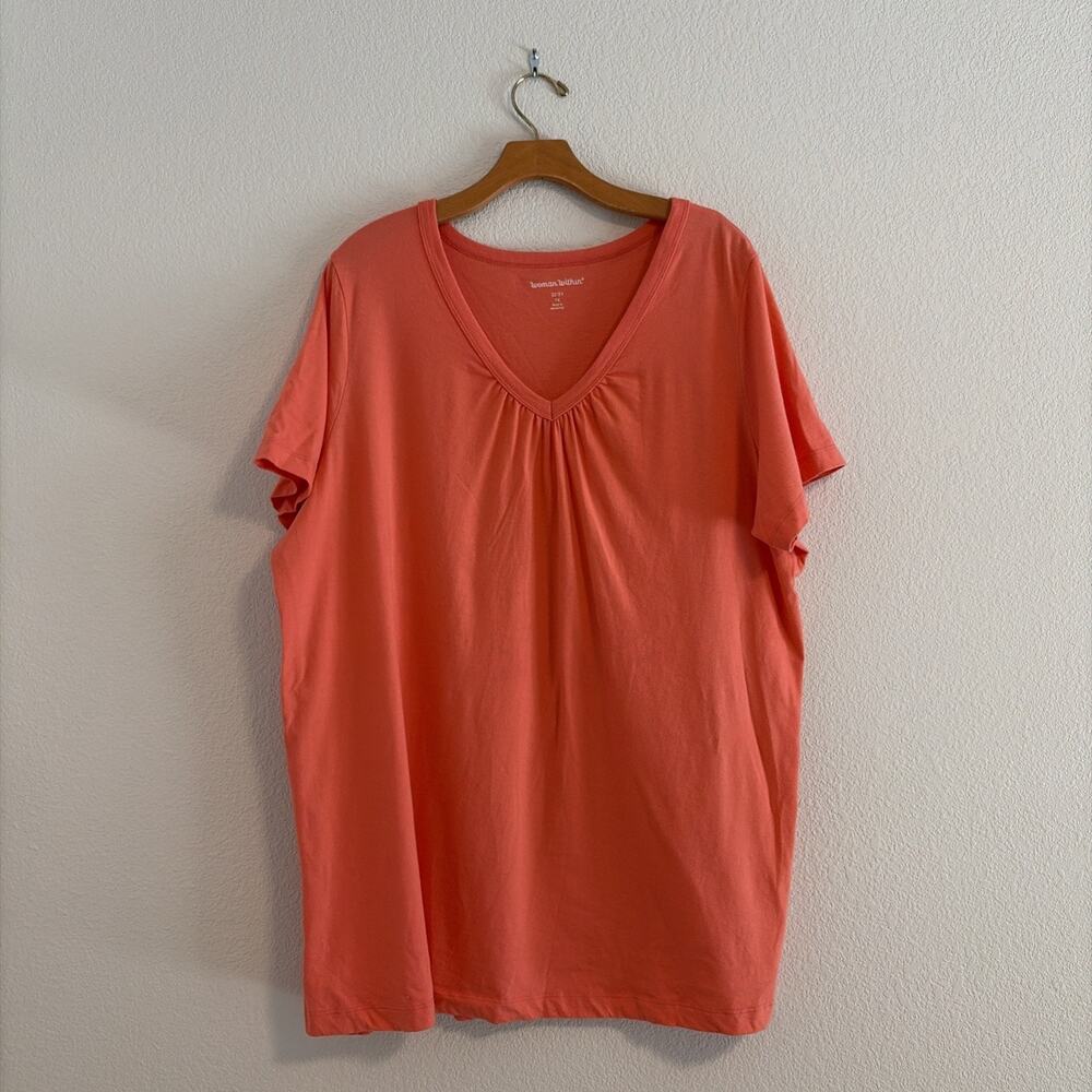 Woman Within Women’s Soft Plus Size 1X 22/21 Orange Coral T-Shirt V Neck